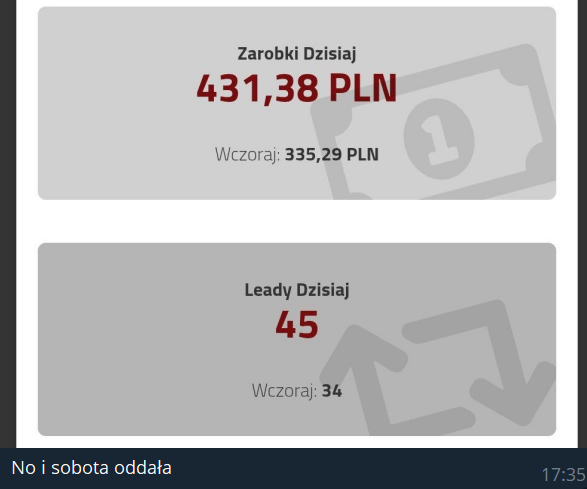 No i sobota oddała - 431,38 PLN zarobków, 45 leadów